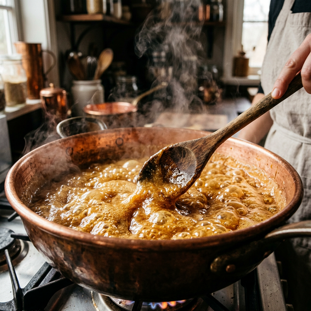 Golden fudge boiling in a large traditional copper pan