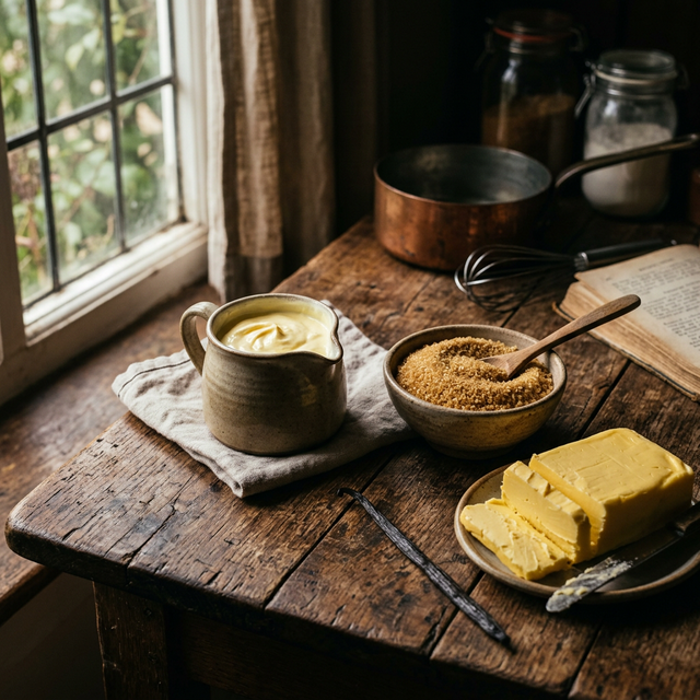 Raw fudge ingredients including cream, sugar, and butter on a rustic table