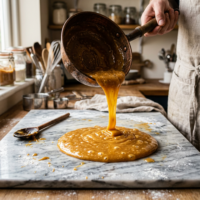 Molten golden fudge being poured onto a marble cooling slab